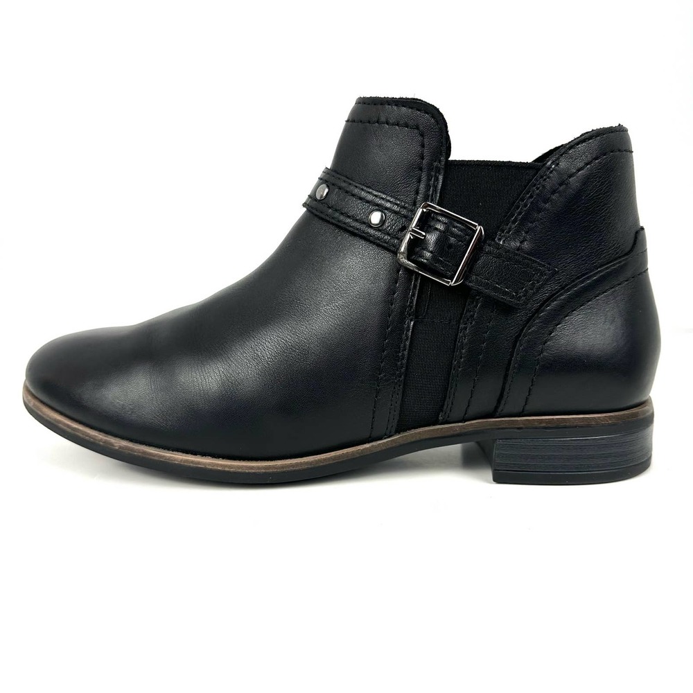 Clarks Trish Black Leather Buckle Strap Chelsea Ankle Bootie Size 7M